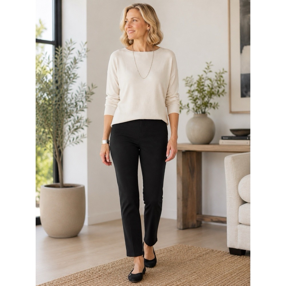 Eileen Fisher Size PM Medium Petite Slim Straight Knit Pants Black Pull On
